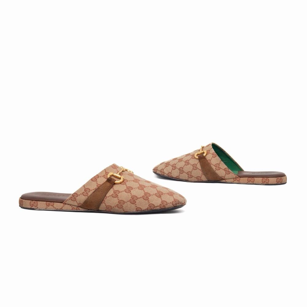 Gucci Men’s Pericle Canvas Monogram Brown Horsebit Slippers Mules 43.5 US10.